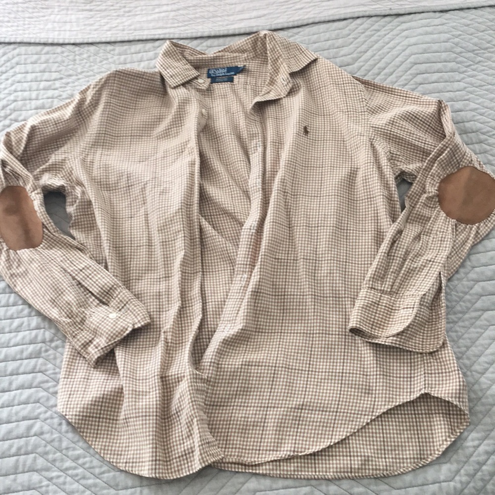 Brown checkered polo with patches size large